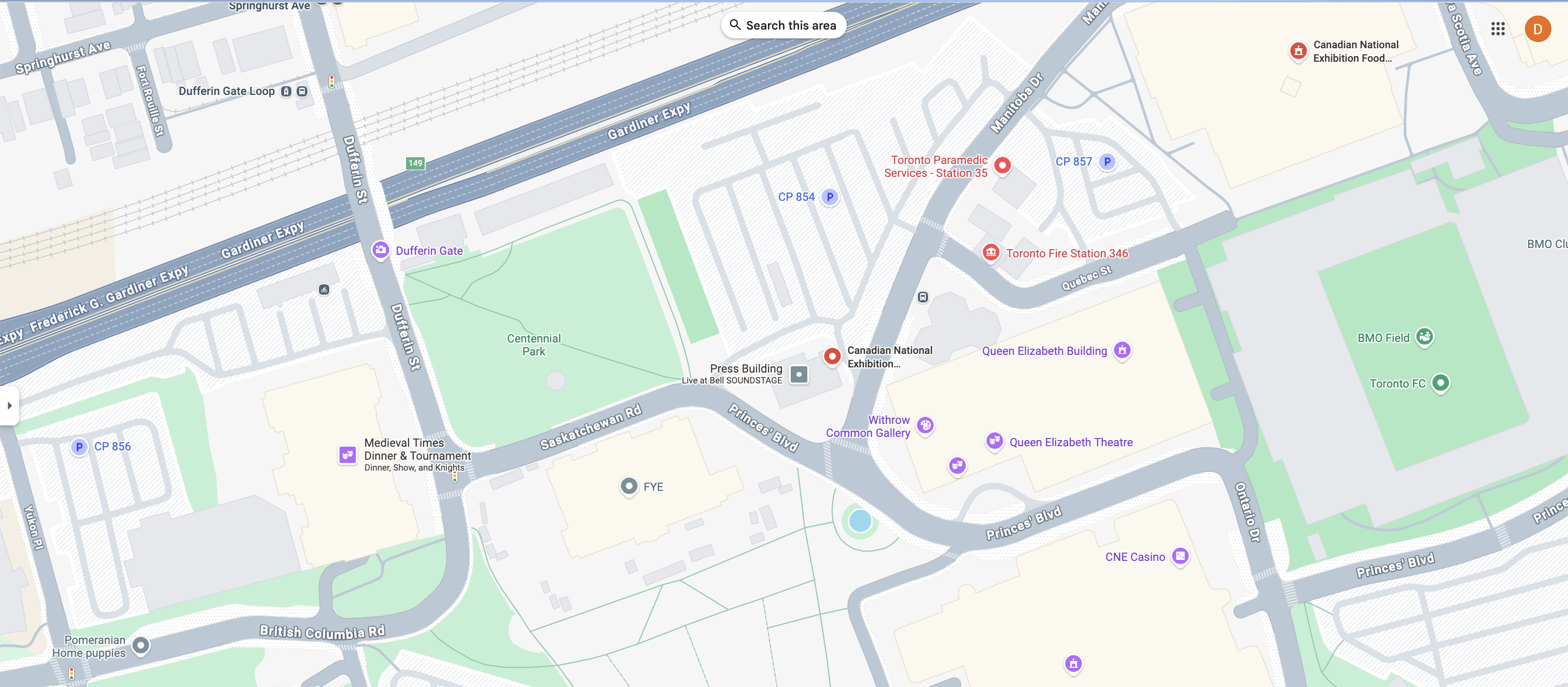 Map of the Canadian National Exhibition grounds and surrounding transit